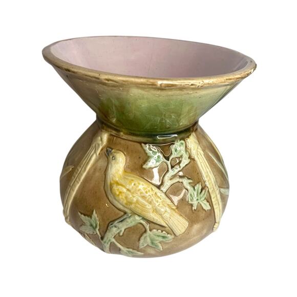 Antique Majolica Spitoon Cuspidor Birds Brown Lavender Interior